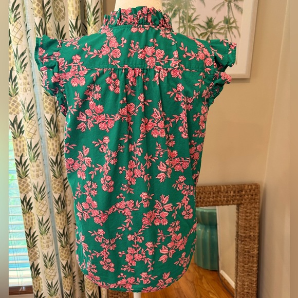 JCREW Floral Sleeveless Ruffle Top Green Pink Button Up Vneck Flutter Sleeve - Picture 7 of 8
